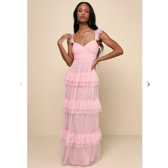 Pure Radiance Pink Mesh Swiss Dot Tiered Maxi Dress - Picture 1 of 3